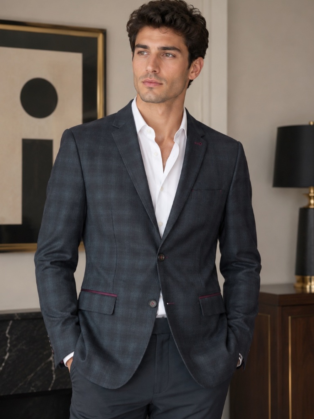 Ted Baker Single Breasted 2 Button Tailored Fit Charcoal Plaid Blazer 6/XXL